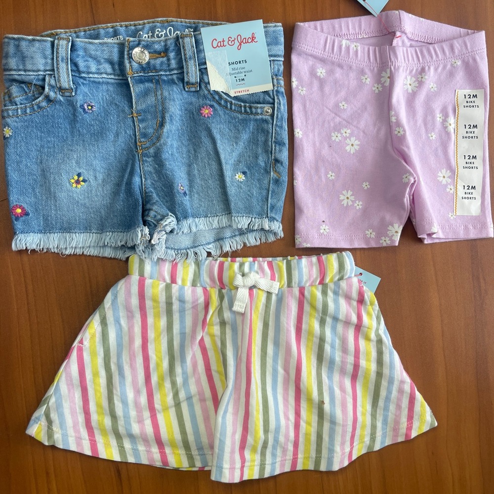 Lot of 3 Cat & Jack Baby Girls 12M Floral Bike Shorts Denim Striped Skort Bundle